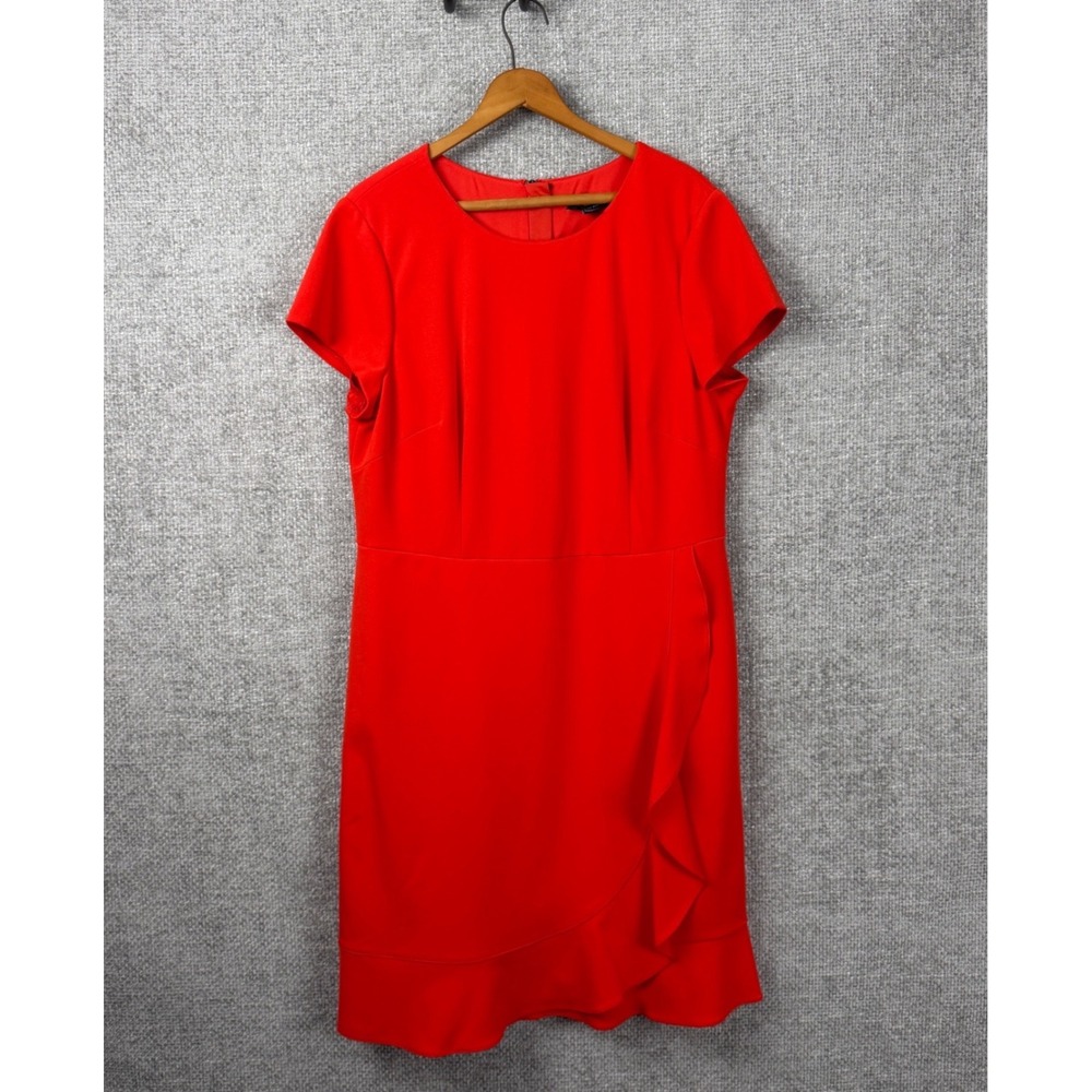 Saks Fifth Avenue Dress Womens 16 Red Coral Ruffle Crepe Sheath Short Sleeve‎